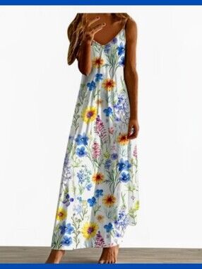 Summer Cami Maxi Dress White  Blue Floral Sleeveless Maxi Dress Beach Casual